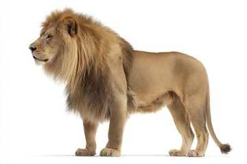 A majestic male lion stands proudly in profile, displaying its impressive mane and powerful physique on a clean white background, representing strength.
