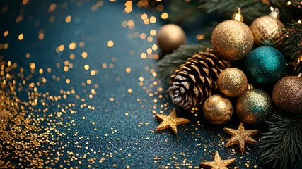 Elegant Christmas still life with golden baubles, pine cones, and fir branches on dark sparkling surface, symbolizing festive mood, holiday warmth, winter magic, timeless seasonal decoration beauty. - Powered by Adobe
