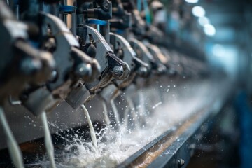 Modern industrial equipment automatically pours white liquid into a processing channel. Fresh dairy product splashes and flows along the automated factory line.