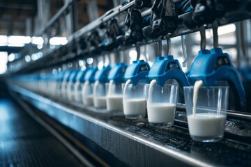 White liquid milk flows from automated machinery into many small transparent cups on a modern industrial production line.