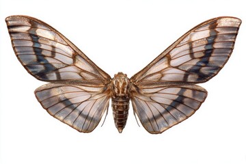 Close up view of a brown and white patterned moth with its delicate wings spread wide open, isolated against a clean white background.