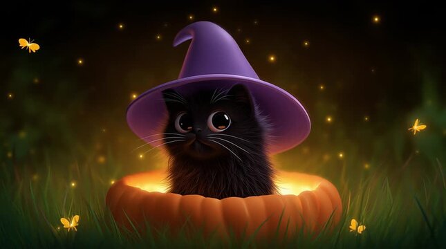 Fluffy black kitten sitting inside a hollowed out container