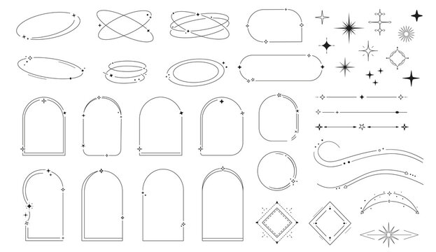 Minimal decorative frames and dividers set with vintage sparkle elements hand drawn thin line borders arrows stars swirls labels badges UI accents for branding packaging social media posters invites 