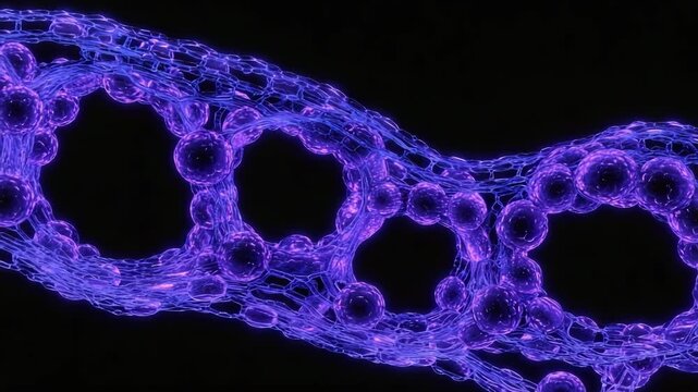 Abstract violet molecular chain glowing in dark futuristic space, symbolizing biotechnology, nanotechnology, genetic research, and shaping the future of digital molecular science and human evolution.