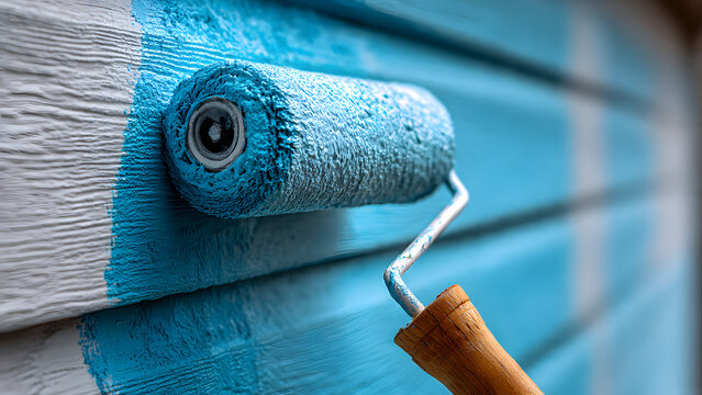 Detailed exterior paint roller application highlighting realistic fibers and paint load