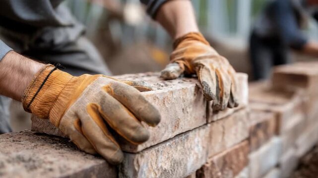 Construction worker wearing protective gloves carefully places a brick to build a wall