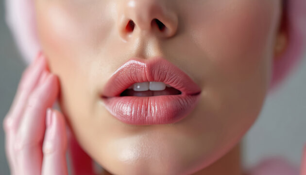 Closeup view of luscious full lips with subtle gloss. Woman on lip augmentation procedure for enhanced beauty and fuller appearance. Medical aesthetic treatment.