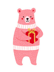 Pink bear holding gift box with hearts on transparent background. Cute animal character for Happy Valentine's Day love and greeting card design.