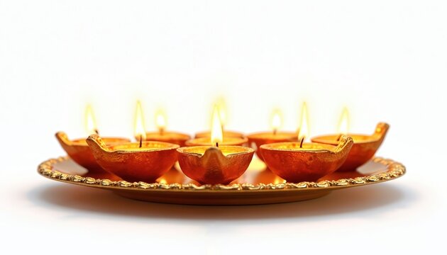 Group of traditional oil lamps, diyas, burning on golden plate for Diwali. Lights glow brightly in festive celebration of hindu culture. Holy fire illuminates plate, symbolising joy and prosperity. - Powered by Adobe