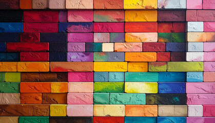 Vibrant multicolored painted brick wall creating an artistic and energetic background, perfect for creative designs, urban art themes, modern interiors, advertising, social media.