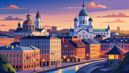 Very beautiful panoramic evening view of Kanavaranta Street with Uspenski Cathedral, blending historic architecture and modern city life in Helsinki, Finland.