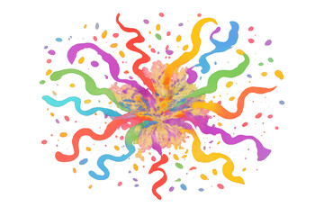 Colorful confetti explosion creating an abstract burst of vibrant streamers celebrating festive holidays on transparent background