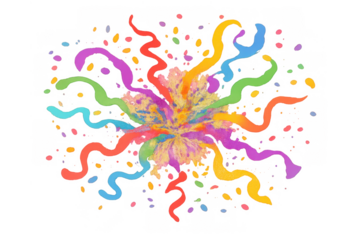 Colorful confetti explosion creating an abstract burst of vibrant streamers celebrating festive holidays on transparent background