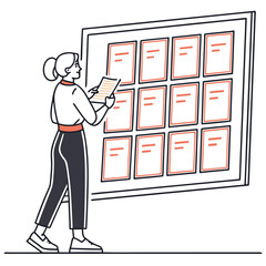 Woman analyzing documents on a board in a modern workspace  