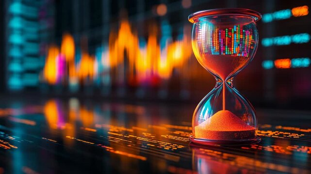 Hourglass filled with glowing particles on financial chart background, symbolizing investment, business timing, data analytics, cryptocurrency, and the passage of time in digital economy.