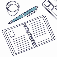 Art supplies including notebook, pen, and paint palette on white background  