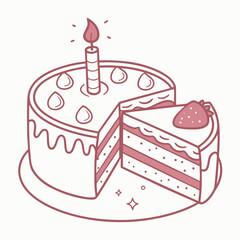 Decorative cake with slice and candle on white background  