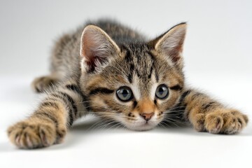 Obraz premium An adorable tabby kitten with large blue eyes lies flat, stretching its tiny front paws playfully on a clean white surface.