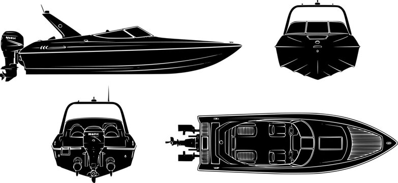 jet boat silhouette icons set side, front, back, and top views vector art illustration
