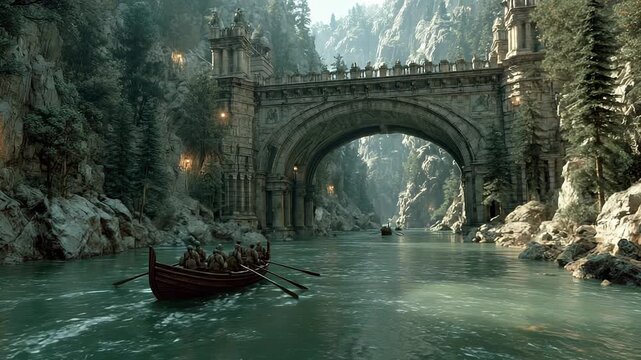 Ancient Stone Bridge Over River Gorge, Medieval Rowing Boat Carrying Figures, Dramatic Landscape, Fantasy Adventure Scene.