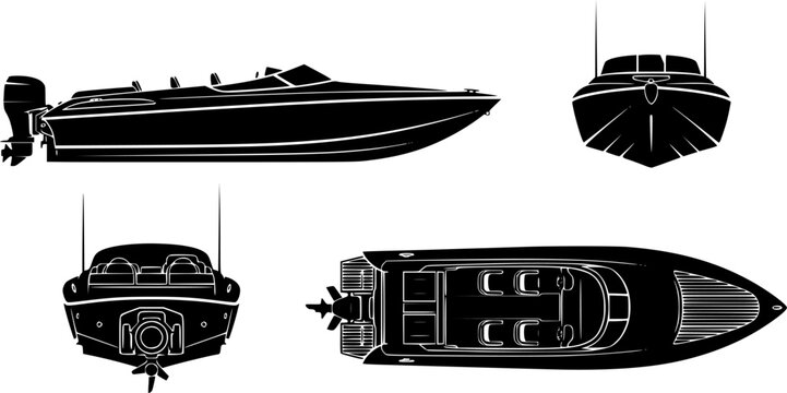 jet boat silhouette icons set side, front, back, and top views vector art illustration
