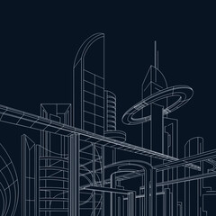 Skeletal blueprint of advanced 2027 city &ndash; Perfect for sustainable energy concepts, futuristic design, or tech blogs.