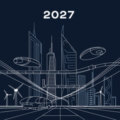 White line art of a 2027 urban landscape &ndash; Suitable for modern infrastructure news, smart city articles, or design inspiration.