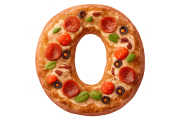 Pizza font letter o or number 0 with pepperoni, olives, and basil leaves on transparent background