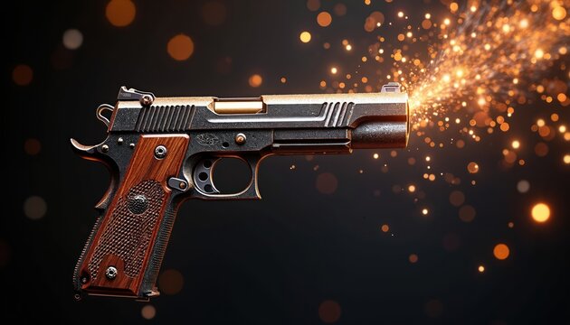 Close up of a handgun firing sparks and glitter against a dark, bokeh background. This weapon illustration conveys danger, action, and a sense of controlled power, suitable for editorial use.