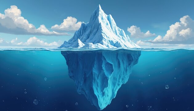 Iceberg floats on ocean surface showing visible peak above water, large submerged mass below. Frozen glacial mass drifts in deep blue sea under bright sky with clouds. Concept illustrates hidden