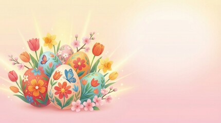 Colorful decorated Easter eggs surrounded by blooming flowers  