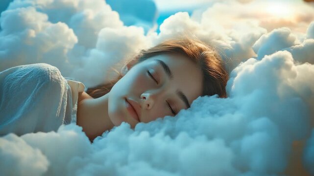 Peaceful young woman sleeping among fluffy white clouds in soft morning light, symbolizing relaxation, purity, and dreamlike serenity, evoking calmness, imagination, emotional comfort of restful sleep