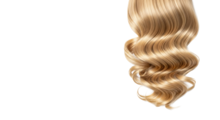 Isolated blonde hair with sun-kissed highlights, soft bouncy waves, defined curls, high-gloss sheen on transparent studio, bright shadowless light, close-up. Luxury haircare concept