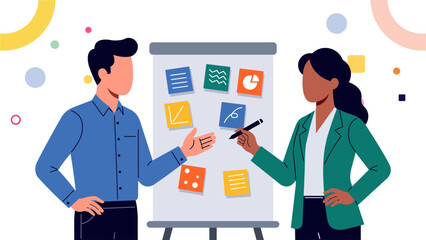 Business Brainstorming Workshop with Man and Woman Discussing Ideas on Flipchart Flat Design Illustration