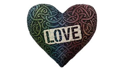 Colorful heart with love text and celtic knot pattern