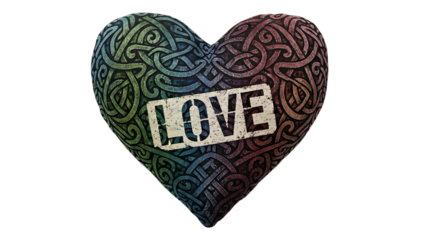 Colorful heart with love text and celtic knot pattern