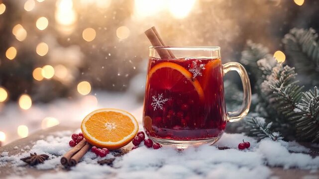 Warm festive mulled wine with orange slice, cinnamon sticks, and cranberries on snowy table in cozy winter atmosphere, symbolizing Christmas celebration, comfort, and the joy of the holiday season.
