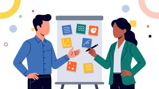 Business Brainstorming Workshop with Man and Woman Discussing Ideas on Flipchart Flat Design Illustration