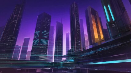 Purple futuristic city skyline illuminated with glowing neon blue and orange lights, digital metropolis, modern technology innovation, virtual reality architecture, future cyberpunk urban environment - Powered by Adobe