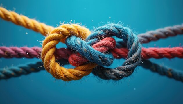 Colorful ropes knotted together forming a strong connection. Threads link different strands creating unity and mutual reliance. Symbolizes teamwork, friendship, and lasting bonds on a blue background.