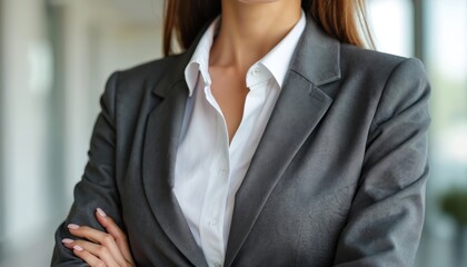 Woman wears smart grey blazer and crisp white shirt. Professional attire shows confidence and style. Perfect for business or office settings. Sophisticated look for modern women.