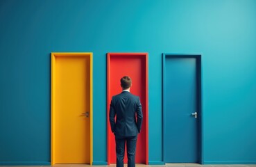 Fototapeta premium Man in suit stands before three colorful doors, yellow red and blue. He contemplates which path to choose for his future career options and business decisions.