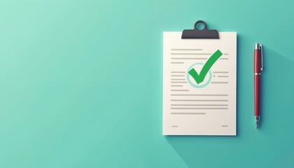 Paper document with green checkmark and red pen signifies approval. Clean, minimalist background suggests successful task completion or agreement. Business, office, or legal concept.