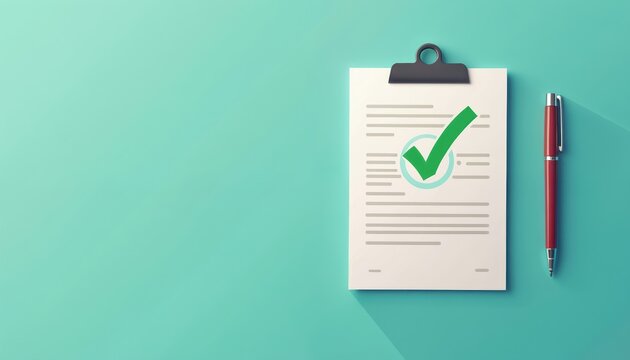 Paper document with green checkmark and red pen signifies approval. Clean, minimalist background suggests successful task completion or agreement. Business, office, or legal concept.
