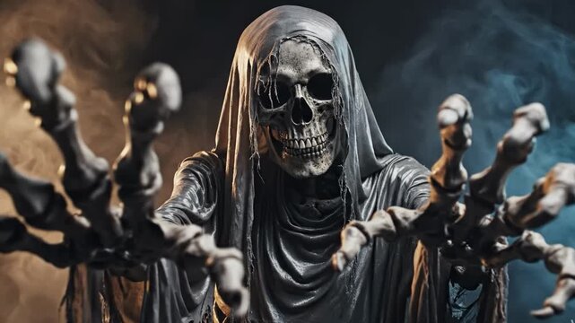 A skeleton wearing a hooded cloak with a spooky background of smoke