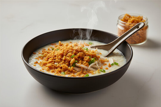 Steaming Bowl of Chicken Rice Porridge (Arroz Caldo) Topped with Crispy Fried Garlic