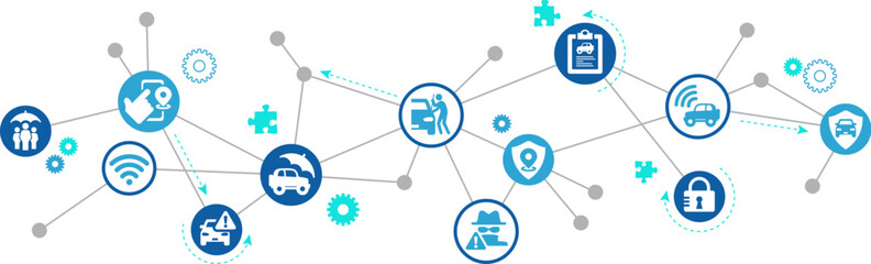 Car theft prevention vector illustration. Concept with icons related to vehicle security technology, anti burglary measures like alarm, surveillance, sensors, location tracking, access protection.