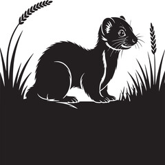 Obraz premium Black and white illustration of a ferret standing in grass with wheat stalks on a white background