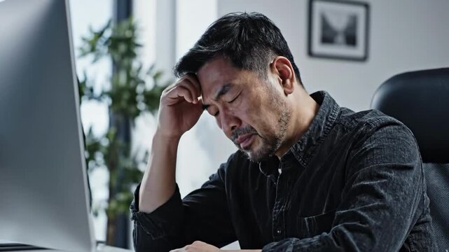 Stressed asian man sitting at desk in front of computer
