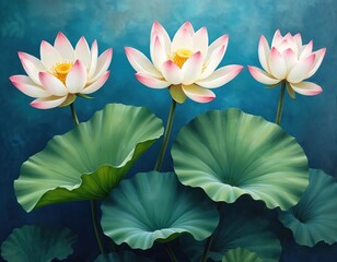 Three delicate white lotus flowers bloom with green leaves against a dark blue backdrop. This artwork suggests peace purity and natural beauty ideal for wellness spa or meditation themes.